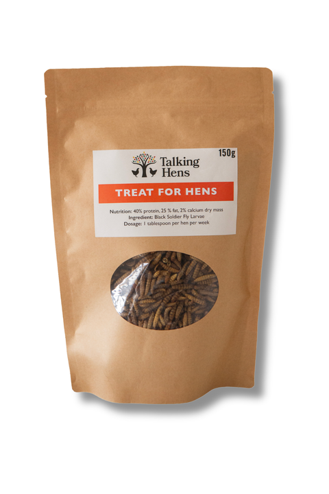 Bag of 'Talking Hens' treat for hens with visible larvae on a white background