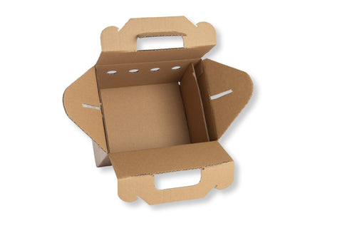 Small cardboard box for transporting chicks with 'talking hens' logo on a white background