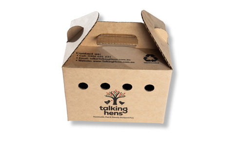 Small cardboard box for transporting chicks with 'talking hens' logo on a white background
