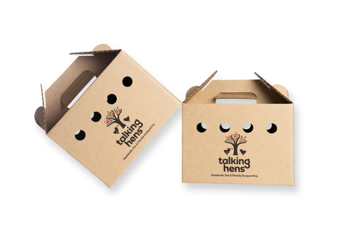 Small cardboard box for transporting chicks with 'talking hens' logo on a white background