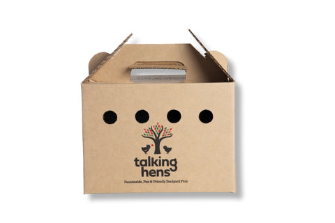 Small cardboard box for transporting chicks with 'talking hens' logo on a white background