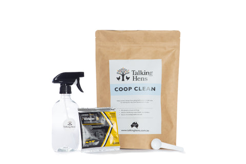 Talking Hens Coop Clean product set with spray bottle, packet, and sachet on a white background