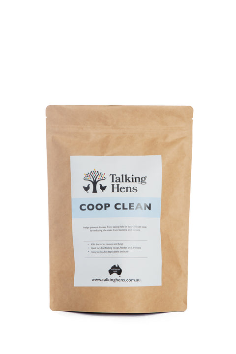 Kraft paper bag with a label for 'Talking Hens Coop Clean' on a white background