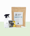 Talking Hens Coop Clean product set including a spray bottle, packets, and a bag on a white background.