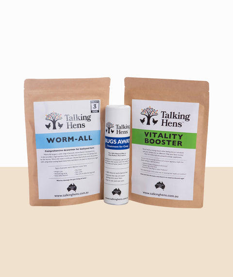 Three packages of 'Talking Hens' health products on a beige background