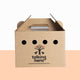 Small cardboard box for transporting chicks with 'talking hens' logo on a beige background